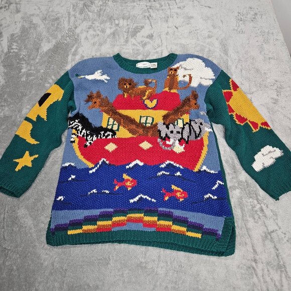 Vintage Laura Daniels Sweater Womens Small P Petite Noahs Ark Hand Knit Bible - Picture 1 of 14